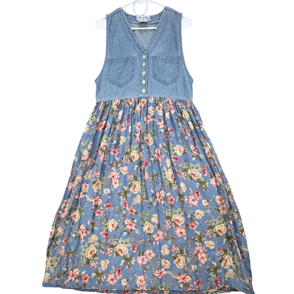 Private Party Denim Floral Midi Dress Women Small Blue 90s Vintage Cottagecore